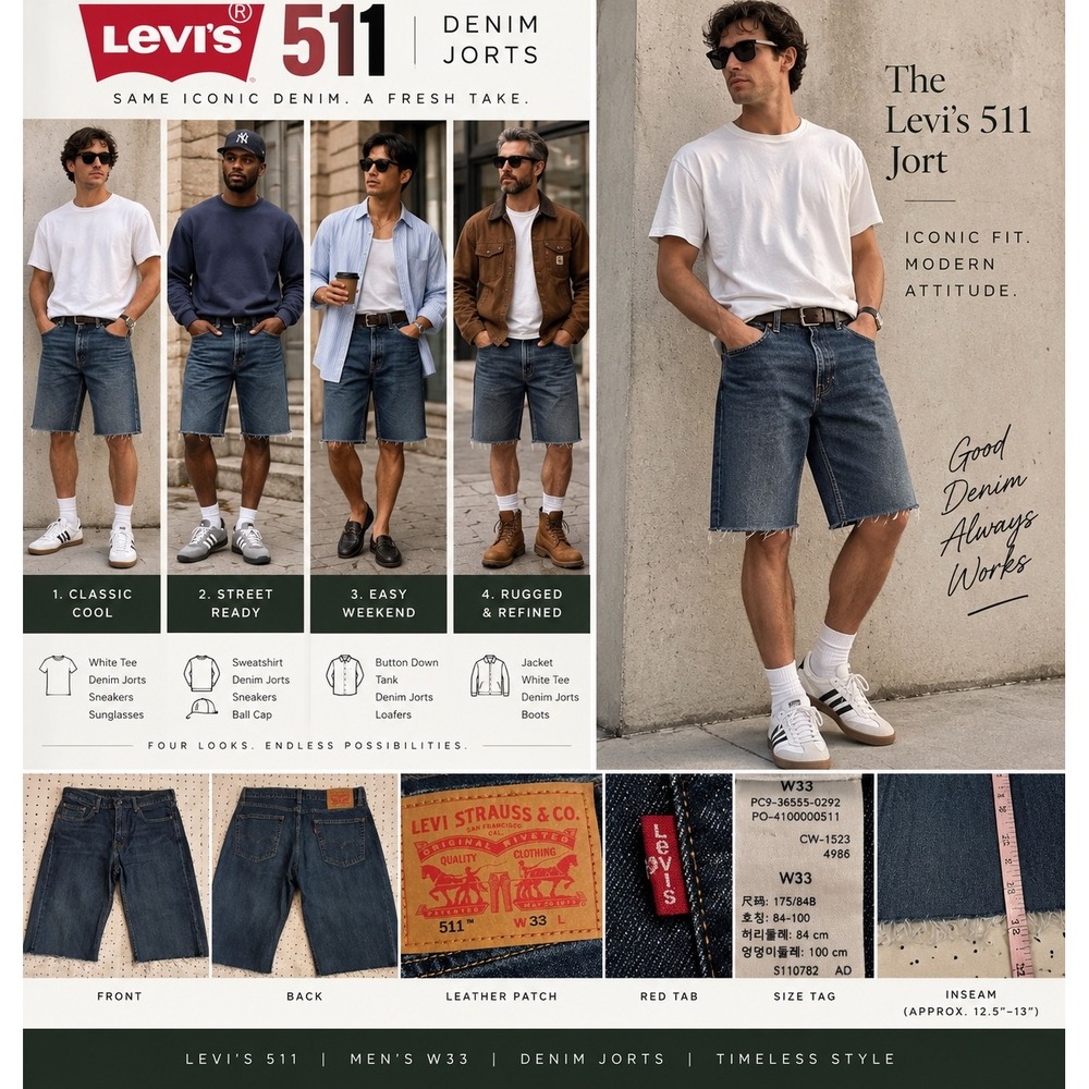 Levis 511 Mens 33 Denim Jorts Cutoff Shorts Raw Hem Long Bermuda Dark Wash